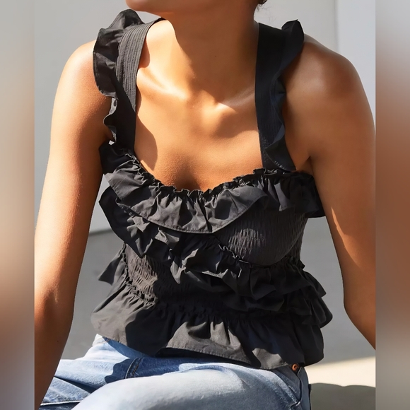 Maeve by Anthropologie Black Smocked Ruffled Tank Women's Size XS - Picture 1 of 7